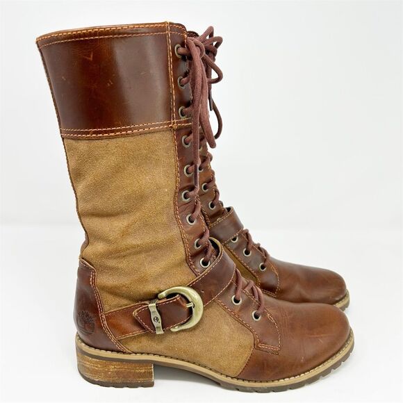 Timberland Women's Brown Leather Mid-Calf Lace Up Combat Boots Size 9 Buckle - Picture 1 of 16
